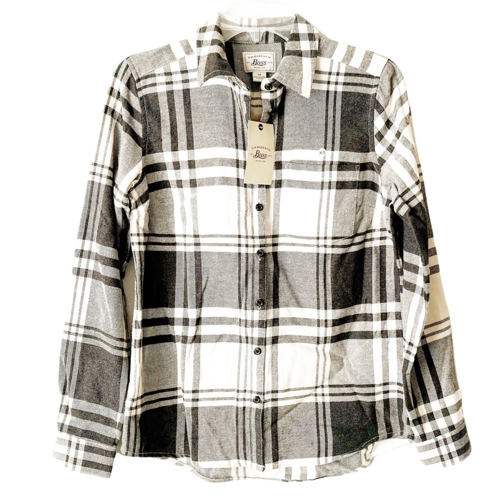 PLAID FLANNEL COTTON SHIRT SOFT GRAY CREAM PLAID G.H. BASS & COMPANY Siz…